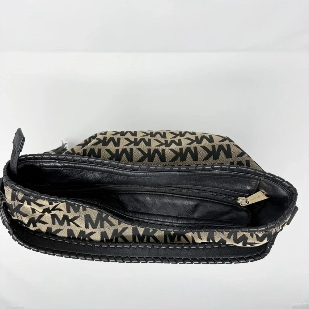 Michael Kors MK Logo Jacquard Hobo Shoulder Bag Black Tan Tassel Charm
